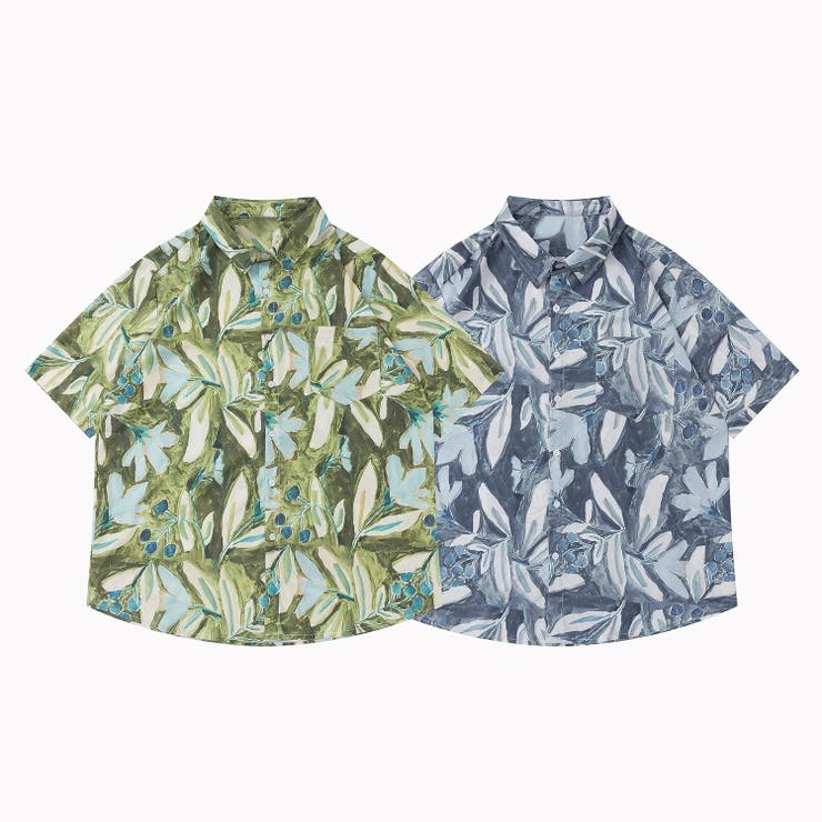 HOOK HOOK- 個性派 古着風総柄ビッグオーバーシャツ ブルーグリーン 韓国ファッション ストリート系 春服 オラオラ系 オーバーサイズ ビッグシルエット...