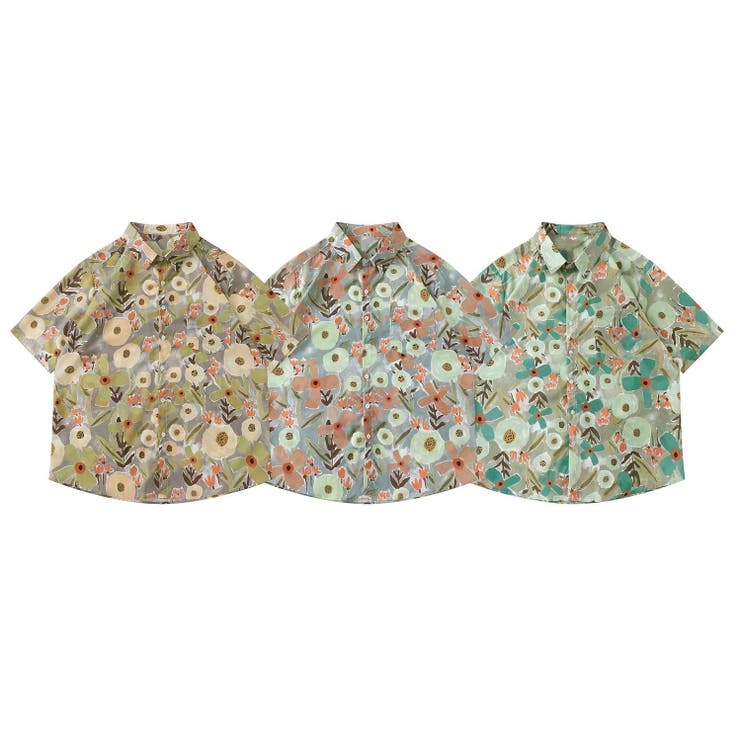 HOOK HOOK- 個性派 古着風総柄ビッグオーバーシャツ 丸花柄 韓国ファッション ストリート系 春服 オラオラ系 オーバーサイズ ビッグシルエット ストリ...