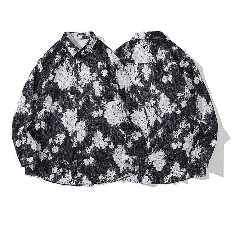 HOOK 長袖シャツ【HOOK】ブラックホワイト 古着風総柄デザイン 長袖シャツ 韓国ファッション ストリート系 春服 オラオラ系 オーバーサイズ ビッグシルエ...
