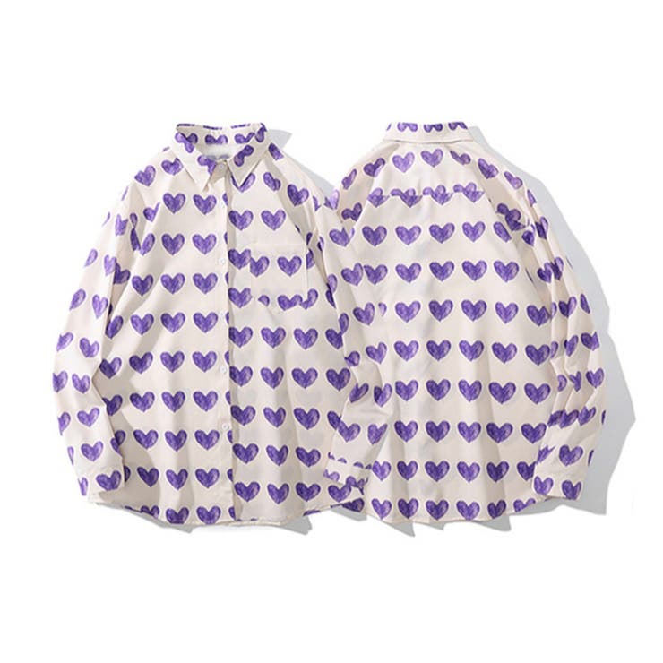 HOOK 【HOOK】ハート柄 古着風総柄デザイン 長袖シャツ 韓国ファッション ストリート系 春服 オラオラ系 オーバーサイズ ビッグシルエット ストリート系...