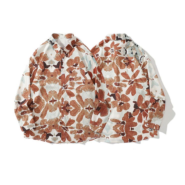 HOOK 【HOOK】オレンジ 古着風総柄デザイン 長袖シャツ 韓国ファッション ストリート系 春服 オラオラ系 オーバーサイズ ビッグシルエット ストリート系...