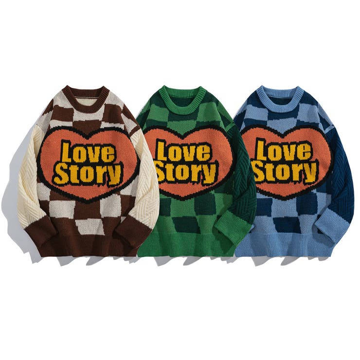 HOOK ブロックチェックハートイラストニット ストリート系 オラオラ系 オーバーサイズ ビッグシルエット 大きいサイズ 長袖 メンズ 春夏秋冬 秋服 ワイドパ...