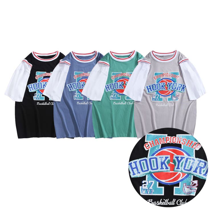 HOOK Tシャツ HOOK -original- アメカジバスケットユニフォーム風ドッキング半袖TEE 韓国ファッション ストリート系 柄シャツ スニーカー ...
