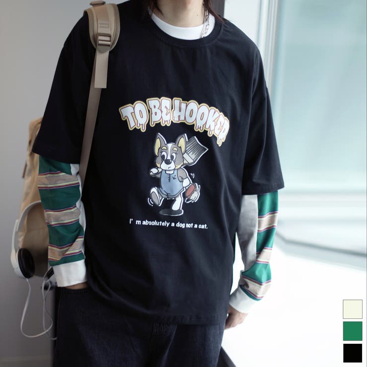 PORTER - HOOK 【HOOK】かわいいカートゥーンプリントボーダー切り替え袖TEE ロンT 韓国ファッション トレーナー ロングTシャツ トップス