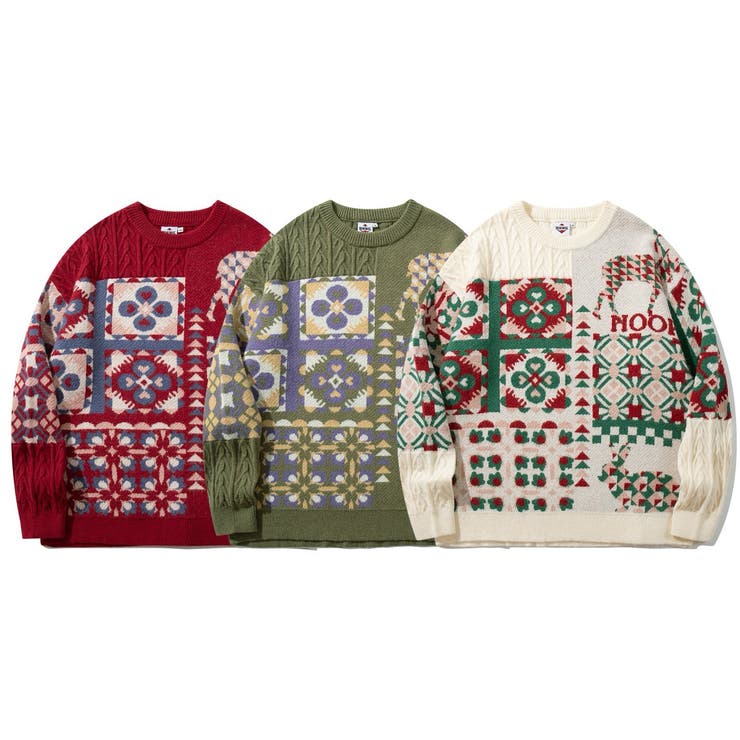 【10％OFFクーポン！3/26(木)1:59まで】HOOK HOOK -original- 北欧模様パッチワーク風ニット【AW】 トップス