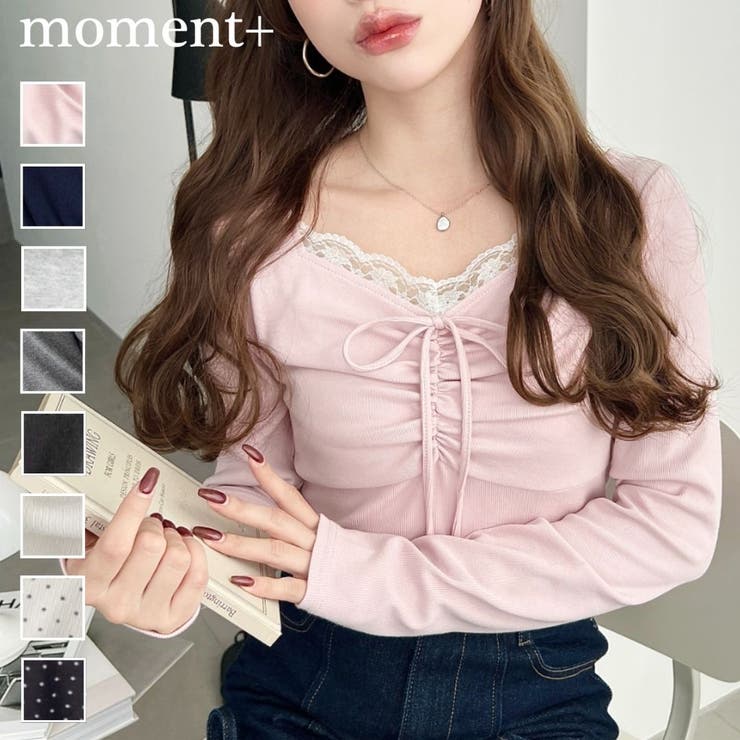 moment+ 無地×ドットプリント×フロントレースギャザーリボン長袖トップス トップス