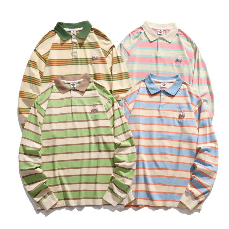 HOOK アメカジワッペン刺繍配色ボーダーポロシャツ ストリート系 ロンT スウェット メンズ レディース 韓国ファッション 長袖 ビッグシルエット 柄シャツ ...