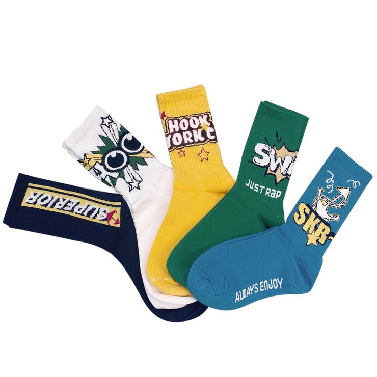 【10%OFFクーポン!11/27(木)1:59まで】HOOK 個性的なポップ風ハイソックス5足セット インナー・下着