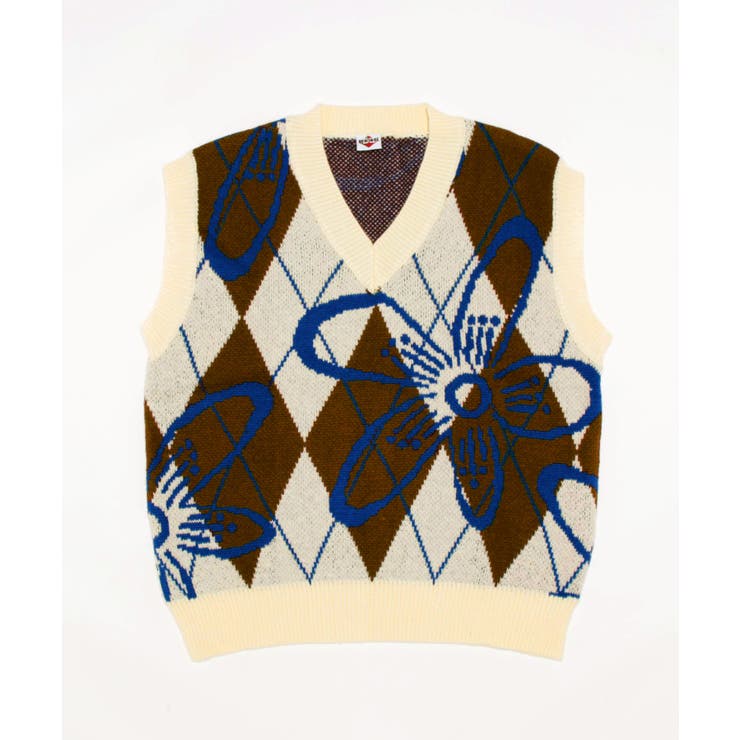 【10％OFFクーポン！3/26(木)1:59まで】HOOK 【HOOK】アーガイルチェックと花柄ニットベスト ストリート系 ロンT スウェット メンズ レディース 韓国ファッション 長袖 ビッグシルエット 柄シャツ オーバーサイズ カジュアル 春夏秋冬