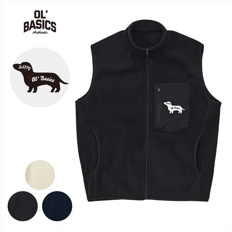 【10％OFFクーポン！1/29(木)1:59まで】printrium Ol' Basics（オール・ベーシックス） マイクロフリースベスト スタンドカラー ワンポイント ドッグプリント 胸ポケット トップス アメカジ メンズ レディース ユニセックス