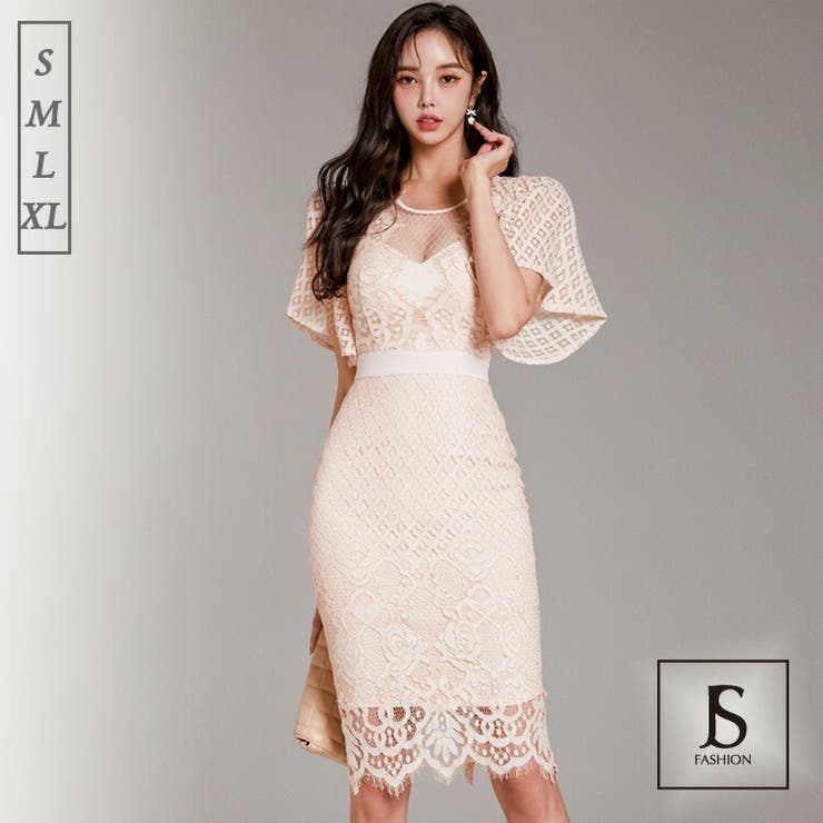 【10％OFFクーポン！3/26(木)1:59まで】JS FASHION レースワンピース フレア袖 ミディアム丈 シースルー フェミニン ガーリー きれいめ スリム 細見え 華やかおしゃれ 大きい 大人可愛い 結婚式 謝恩会 二次会 発表会 お呼ばれ