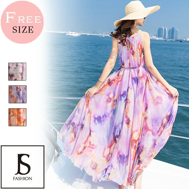 JS FASHION リゾートワンピース 全3色 ロングワンピース プリント柄ワンピース Vネック ロング丈 マキシ丈 ノースリーブ マキシワンピ 2WAY バックリボン きれいめ 細見え 華やかおしゃれ 大人上品 夏ワンピース 体型カバー ゆったり 春