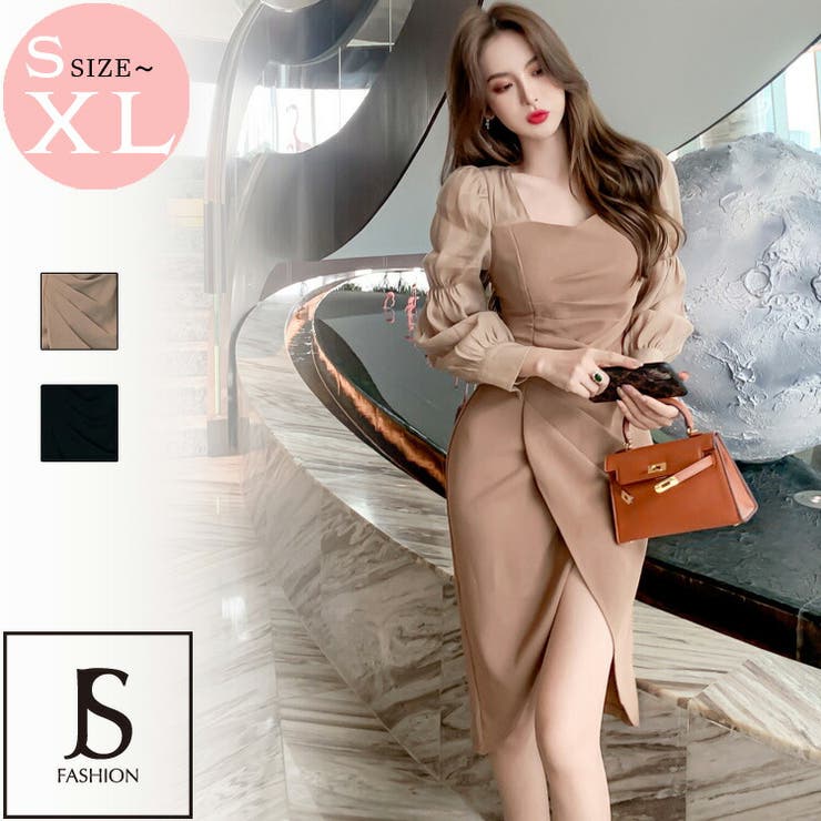 JS FASHION パーティードレス タイトワンピース スリット 全2色 黒 ブラックワンピース ワンピース サイドタック 長袖 ミディアム丈 きれいめ スリム 細見え 大きい 結婚式 謝恩会 二次会 お呼ばれドレス 春夏秋冬 レディース【22081