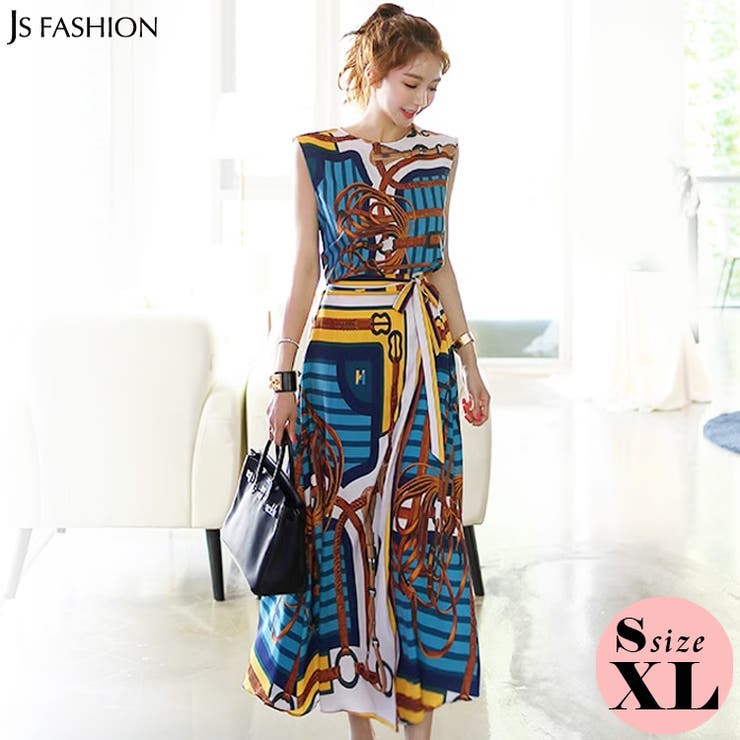 JS FASHION セットアップ チェーン柄 トップスとスカート上下セット ノースリーブ 柄スカート ロングスカート 春服 夏服 リゾート きれいめ 好印象 ガーリー デイリー おしゃれ スリム 細見え 大きい 上品 エレガント 二次会 お呼ばれ 食事