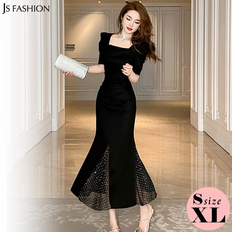 JS FASHION タイトワンピ マーメイド スパンコール シースルー パフスリーブ パーティードレス ブラックドレス 黒 タイト ワンピース 半袖 ロング丈 きれいめ おしゃれ タイトワンピース 大きい 結婚式 謝恩会 二次会 発表会 お呼ばれ 春