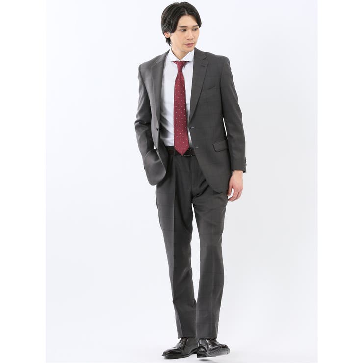 TAKA-Q MEN ストレッチウォッシャブル レギュラーフィット 2ボタン2ピーススーツ チェックグレー スーツ