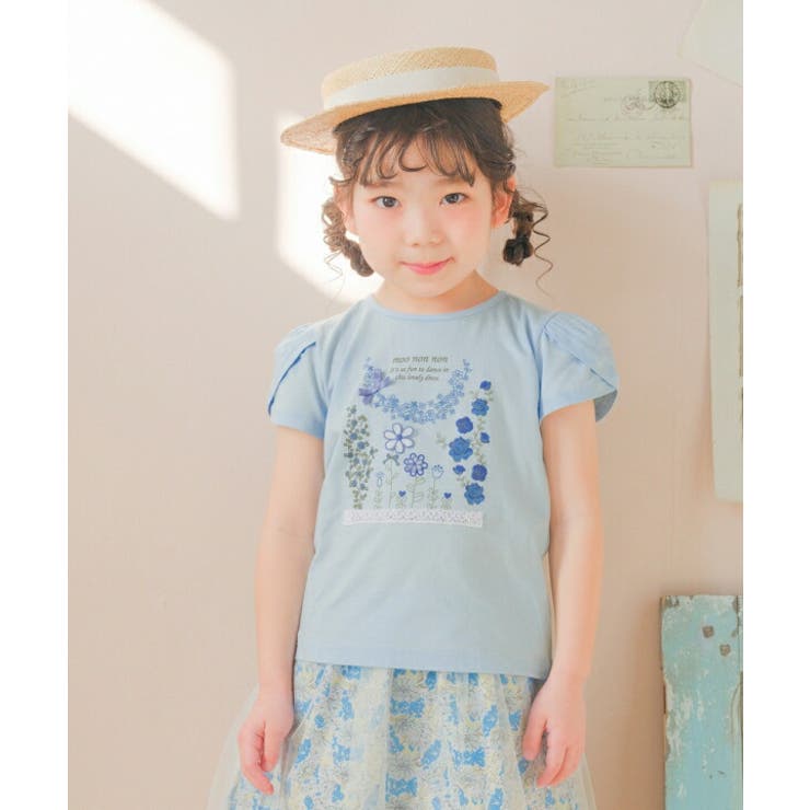 【10％OFFクーポン！3/26(木)1:59まで】moononnon 子供服 女の子 Tシャツ 春夏 半袖 子ども服 こども キッズ ベビー 綿100％ コットン お花 ロゴ プリント リボン レース チューリップ袖 ピンク ブルー 80cm 90cm