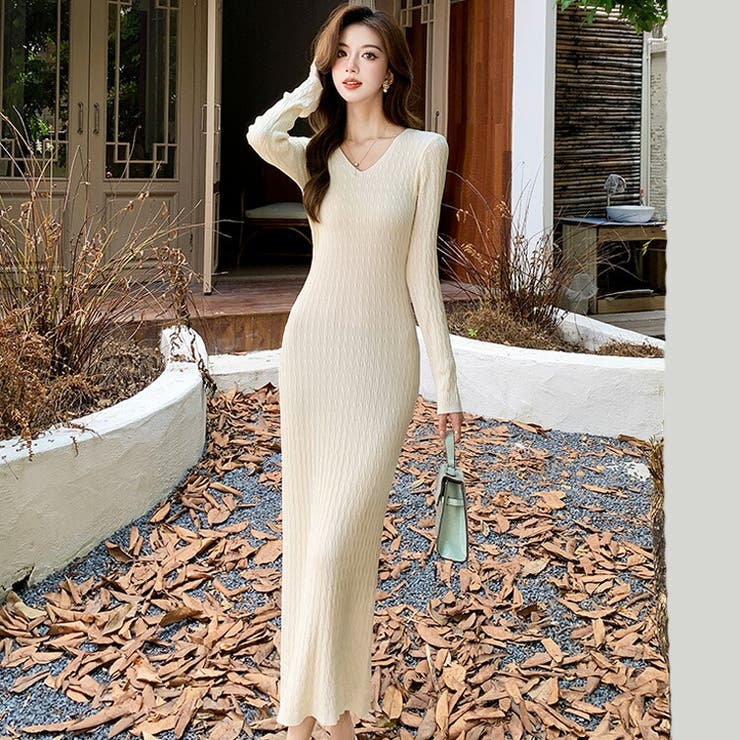 【ポイント2倍＆クーポン！3/11(水) 1:59まで】JS FASHION ケーブル編み ニットワンピース 全5色 Vネック 長袖 黒 赤 緑 タイトワンピ タイト ワンピース ロング丈 ロングワンピース きれいめ スリム 細見え デイリー おしゃ