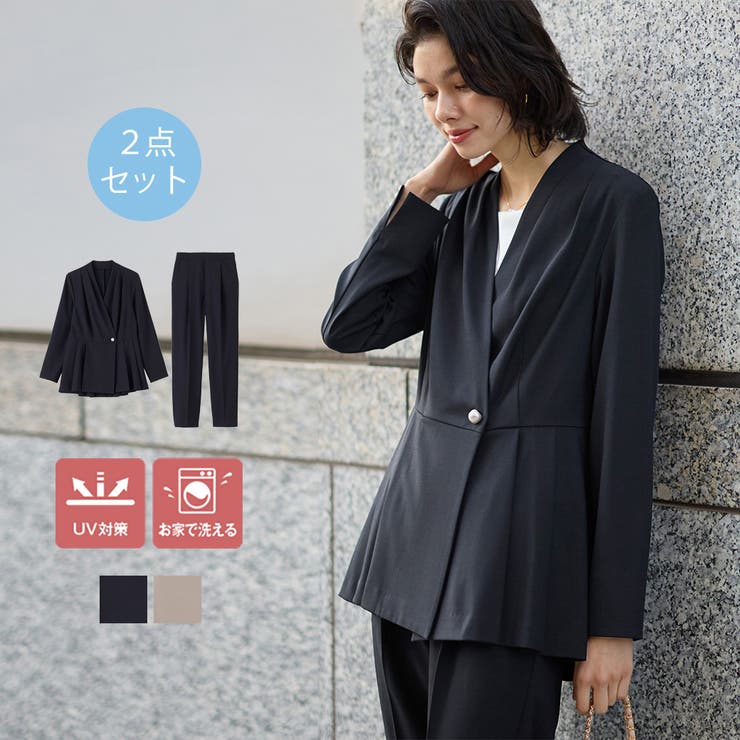 GeeRA 【2点セット】パールボタンペプラムプリーツテーパードセットアップ スーツ