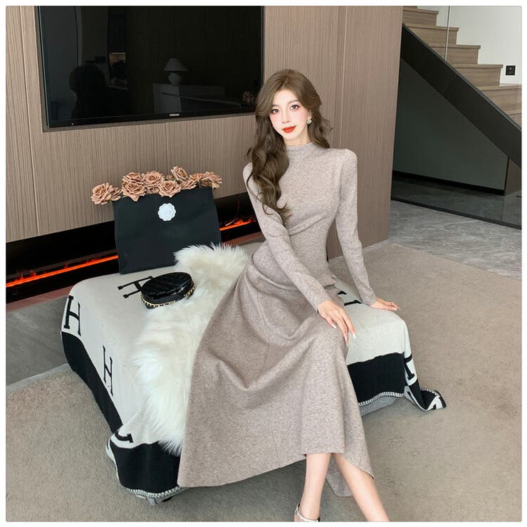 JS FASHION ニットワンピース 全4色 ハイネック フレアワンピ リブニット ニット 長袖 黒 Aラインワンピ Aライン ワンピース ロング丈 ロングワンピ きれいめ スリム 細見え デイリー おしゃれ フェミニン 大人ガーリー 上品 大人カジュ