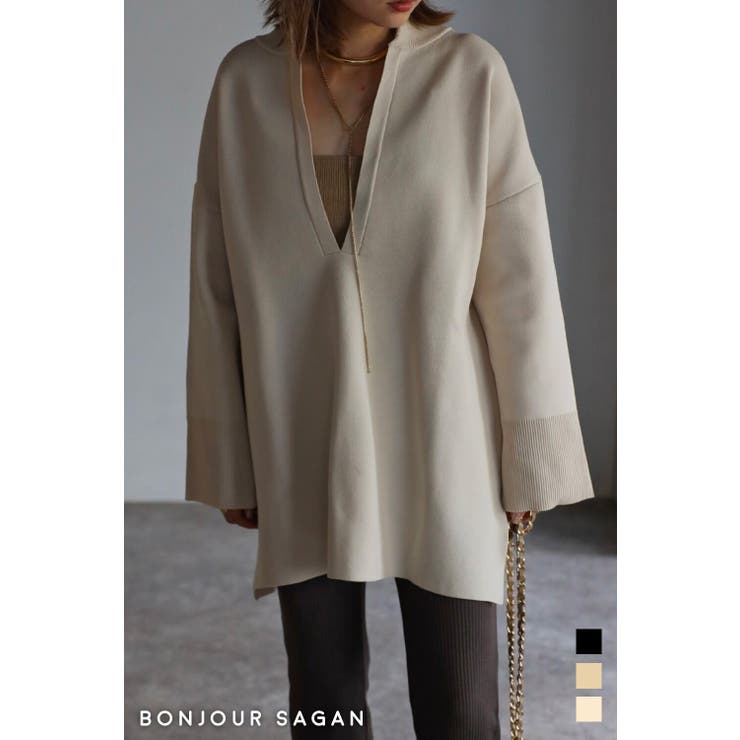 BONJOUR SAGAN ディープVネックダンボールプルオーバー/BEIGE/ トップス