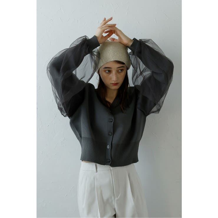 【20％OFFクーポン！2/25(水)限定】BONJOUR SAGAN tulle sleeve cropped cardigan / チュールスリーブクロップドカーディガン 88-004077 トップスBONJOUR SAGAN tulle sleev