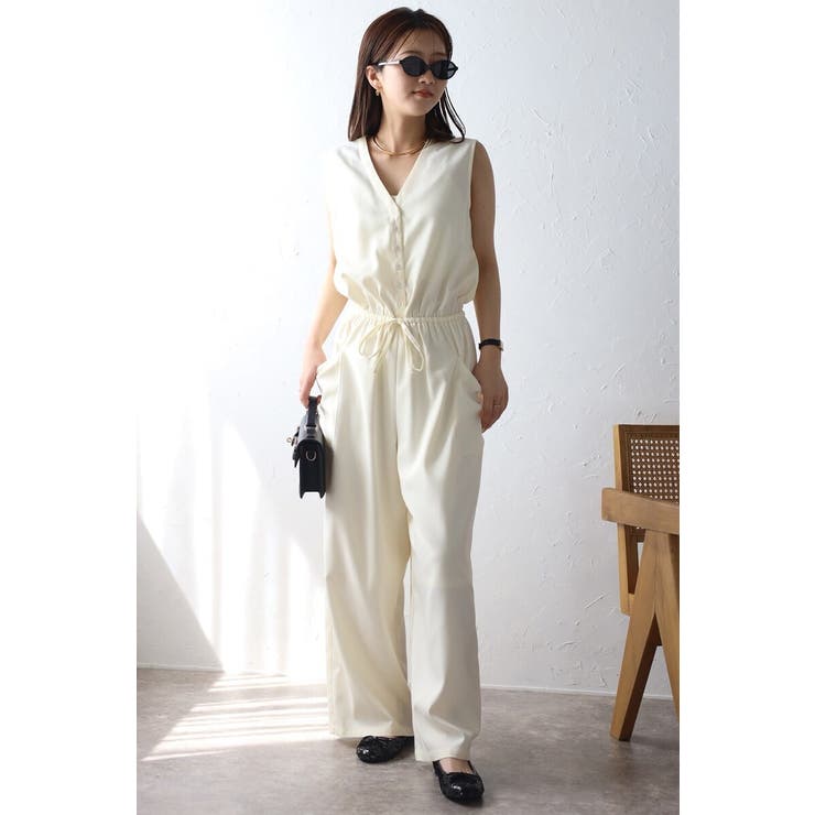 BONJOUR SAGAN ウエストドロストノースリーブVネックオールインワン 77-003840 パンツ・ズボン