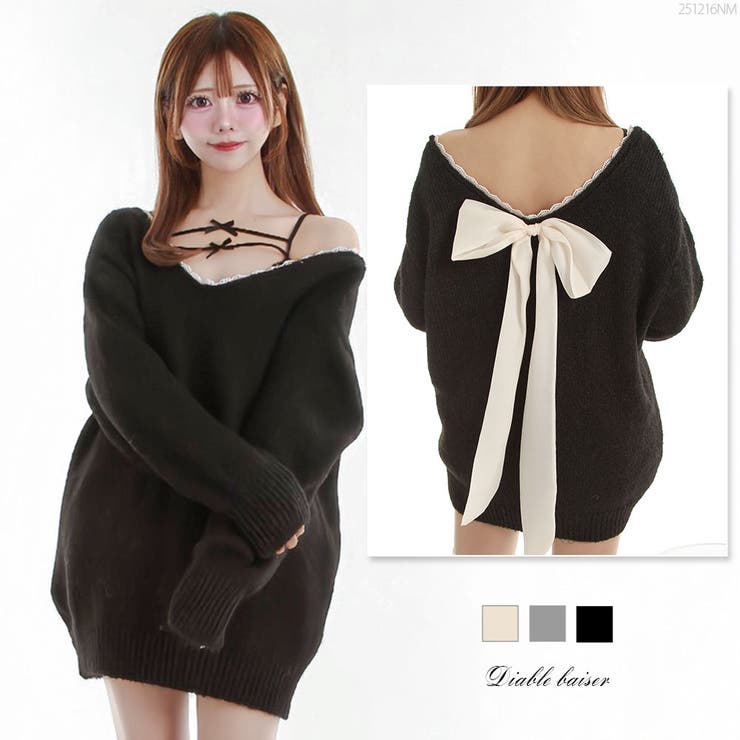 夢展望 バックビックリボンゆるニットトップス 韓国 夢展望 トップス