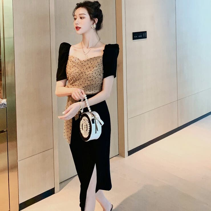 【10％OFFクーポン！3/26(木)1:59まで】JS FASHION タイトワンピ ハートカット ウエストマーク リボン 水玉 ドッキング パーティードレス タイト ワンピース チュール 半袖 ミディアム丈 膝丈 ひざ丈 きれいめ 春 夏 秋 レディ