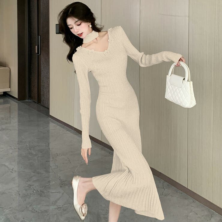 JS FASHION ニットワンピース 全6色 ケーブル編み 立体フラワー リブニット 長袖 無地 黒 赤 紫 タイトワンピ マーメイド ロング丈 きれいめ スリム 細見え 普段使い おしゃれ 上品 大人 かわいい 春 秋 冬【jkd1400156】 ワ