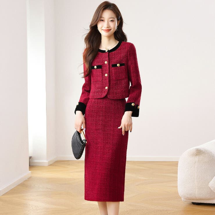 【10％OFFクーポン！1/29(木)1:59まで】JS FASHION セットアップ 上下セット ツイード風ジャケット タイトスカート 2点セット バイカラー 赤 春アウター 秋アウター 大人可愛い きれいめ 好印象 ガーリー 普段着 おしゃれ 上品