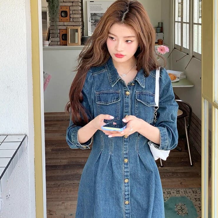 JS FASHION デ二ムワンピース ロングワンピース Aライン フレア ワンピース ロング丈 ロング スリム 細見え デイリー おしゃれ かっこいい ガーリー カジュアル フェミニン 大人可愛い デ