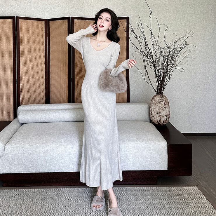 JS FASHION ニットワンピース 全3色 マーメイドライン Vネック リブニット 長袖 無地 黒 タイトワンピ タイト ワンピース ロング丈 マキシ丈 ロングワンピ きれいめ スリム 細見え デイリー おしゃれ 上品 大人 かわいい デート 食事会