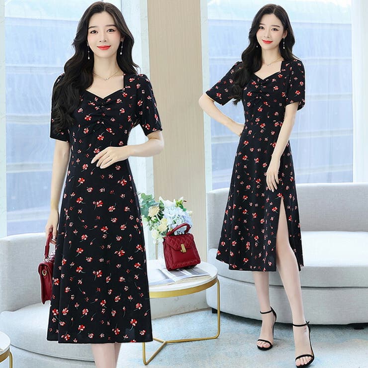 JS FASHION 花柄ワンピース ダイヤモンドネック スリット入り 小花柄 ワンピース Aライン 大人 ひざ丈 ミディアム丈 膝下 ミモレ丈 ロング丈 ガーリー きれいめ 二次会 食事会 デート 体型カバー 大きいサイズ リゾート 夏ワンピ 春 夏【