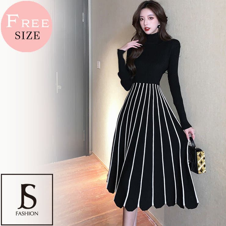 JS FASHION ニットワンピース フレアワンピース 配色 バイカラー ストライプ 長袖 ハイネック タートルネック ロングワンピース 黒 きれいめ スリム 細見え デイリー おしゃれ 上品 大人可愛い 結婚式 通勤 通学 ,秋冬 レディース【22