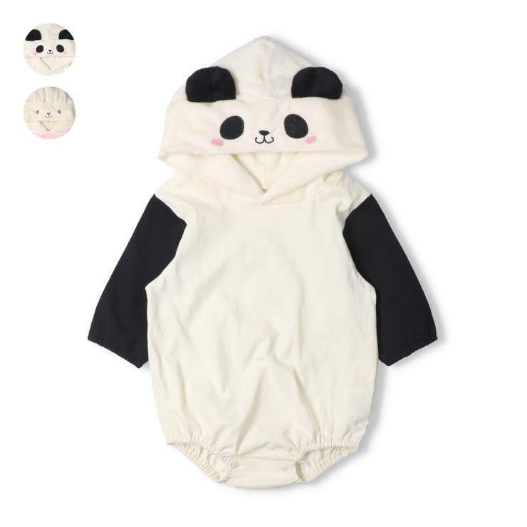 【20％OFFクーポン！3/21(土)限定】こどもの森e-shop パンダ・うさぎフード付なりきり長袖ロンパース ベビー