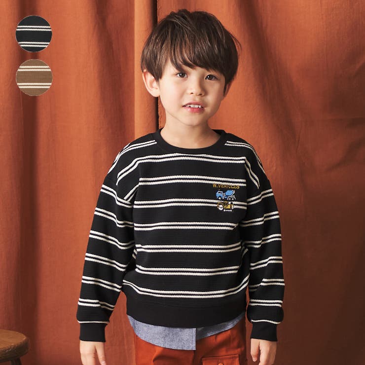 【10％OFFクーポン！2/23(月)1:59まで】こどもの森e-shop 働く車刺繍ボーダートレーナー トップス