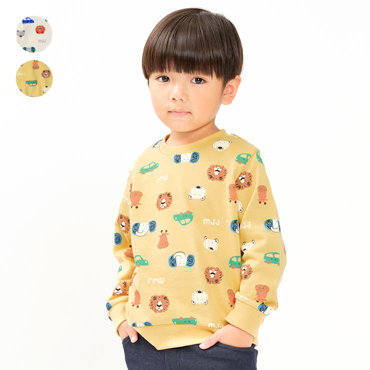 【10％OFFクーポン！2/23(月)1:59まで】こどもの森e-shop 日本製動物車総柄裏毛トレーナー トップス