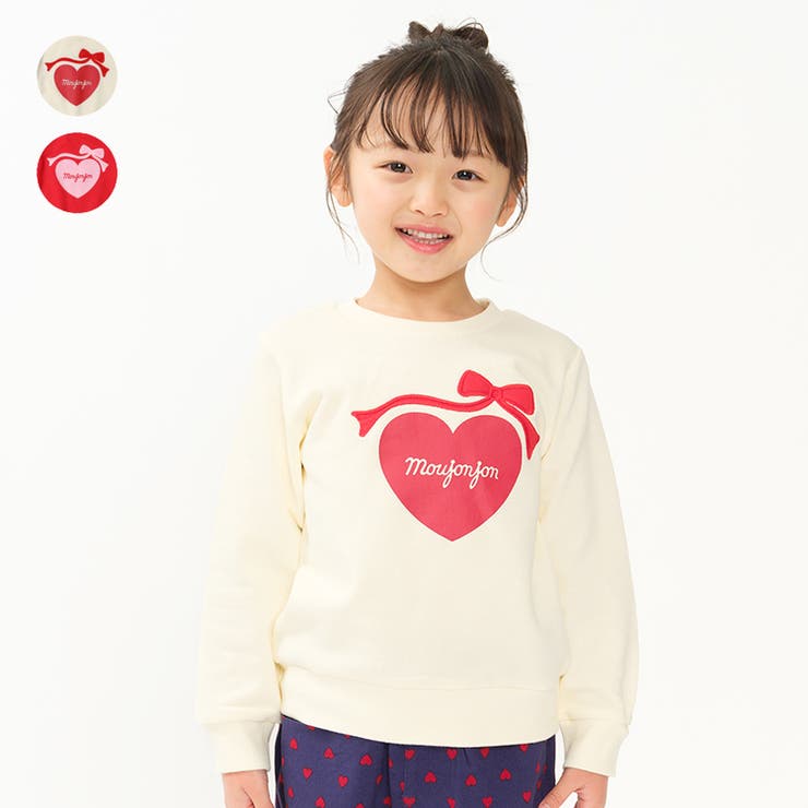 【10％OFFクーポン！3/26(木)1:59まで】こどもの森e-shop りぼんアップリケハートプリント裏毛トレーナー トップス