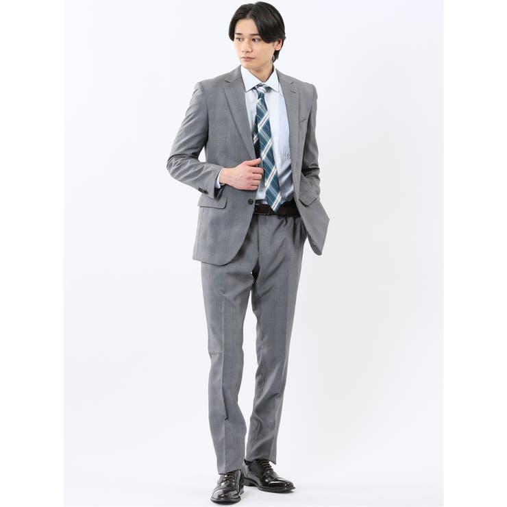 TAKA-Q MEN ストレッチウォッシャブル スリムフィット 2ボタン2ピーススーツ グレンチェックグレー スーツ