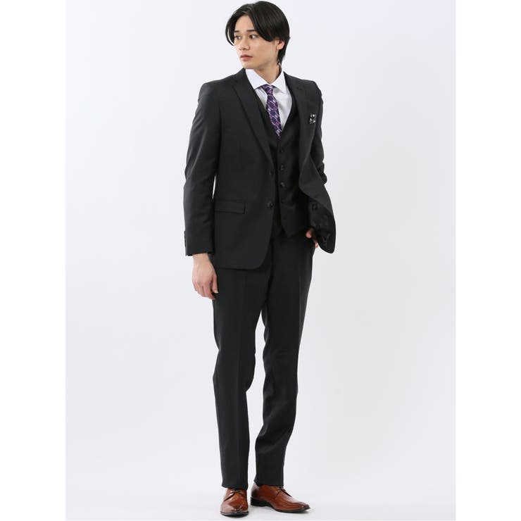 TAKA-Q MEN 超光沢ウール混ストレッチ スリムフィット 2ボタン3ピーススーツ シャドーストライプ黒 スーツ