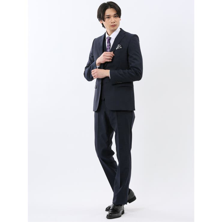 【10％OFFクーポン！1/29(木)1:59まで】TAKA-Q MEN 超光沢ウール混ストレッチ スリムフィット 2ボタン3ピーススーツ シャドー千鳥紺 スーツ