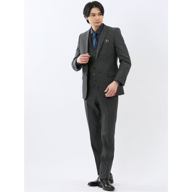 【10％OFFクーポン！1/16(金)1:59まで】TAKA-Q MEN 超光沢ウール混ストレッチ スリムフィット 2ボタン3ピーススーツ シャドーカルゼグレー スーツ