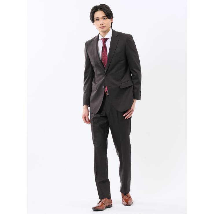 TAKA-Q MEN 光沢ウール混 スリムフィット 2ボタン2ピーススーツ 組織こげ茶 スーツ