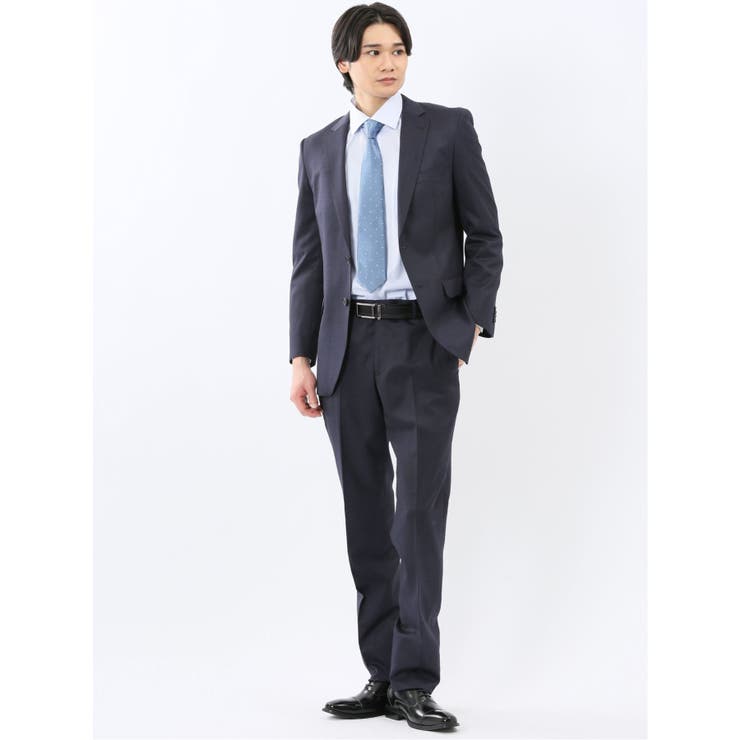 TAKA-Q MEN 光沢ウール混 スリムフィット 2ボタン2ピーススーツ チェック紺 スーツ
