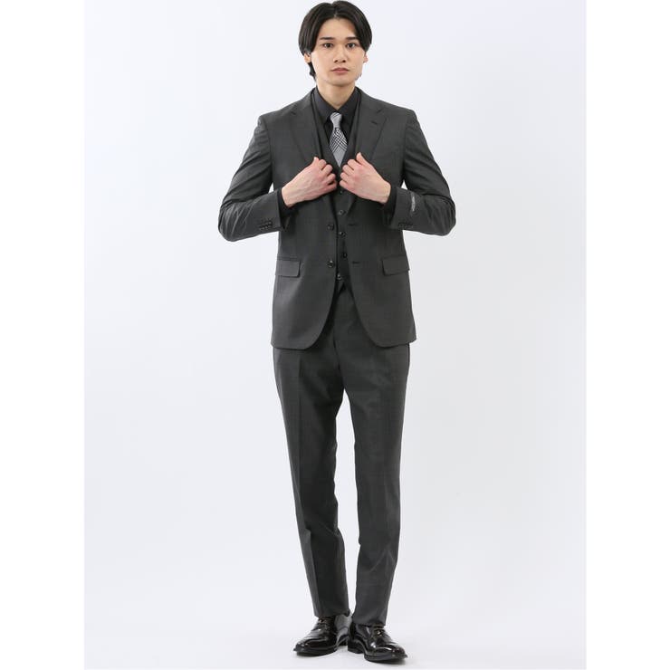 【10％OFFクーポン！1/29(木)1:59まで】TAKA-Q MEN 光沢ウール混 スリムフィット 2ボタン3ピーススーツ 組織グレー スーツ