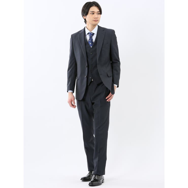 TAKA-Q MEN ストレッチウォッシャブル スリムフィット 2ボタン3ピーススーツ ストライプ紺 スーツ