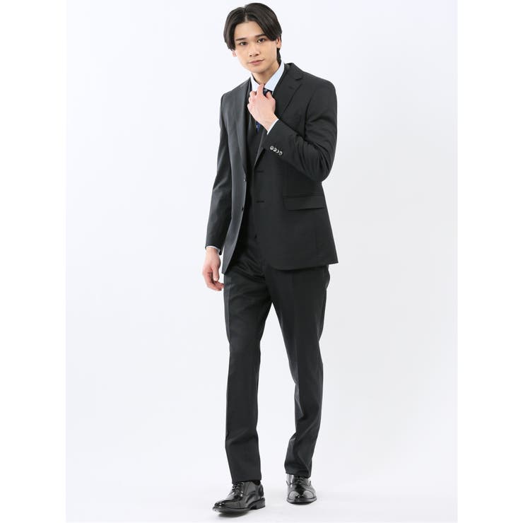 TAKA-Q MEN 光沢ウール混 スリムフィット 2ボタン3ピーススーツ 組織黒 スーツ