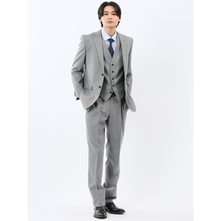 TAKA-Q MEN 光沢ウール混 レギュラーフィット 2ボタン3ピーススーツ ストライプグレー スーツ