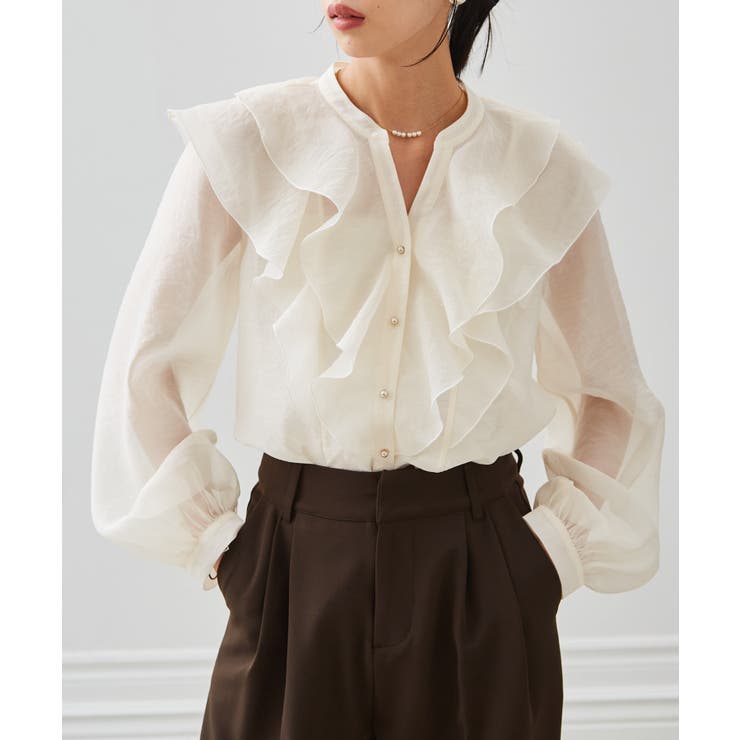 RANAN ラッフルフリルシアーキーネックブラウス トップス
